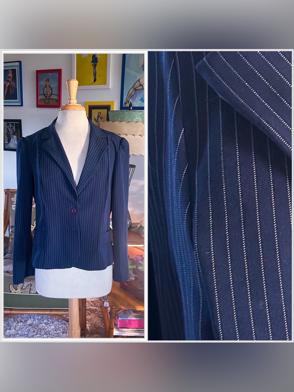 Vintage 1940s Style Jacket | Navy Blue | Pinstripe | Blazer | L | 40s 80s